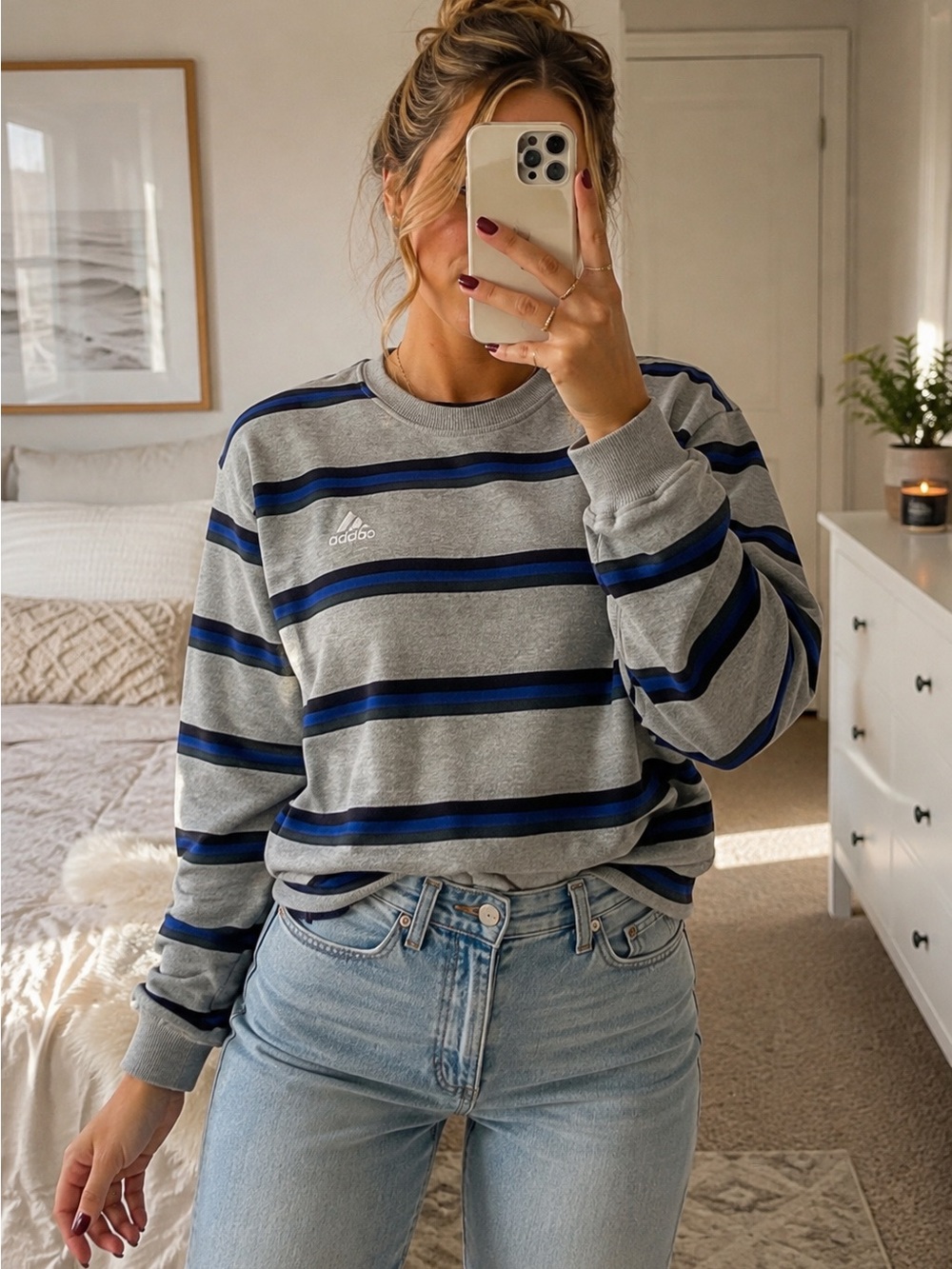 Adidas Y2K L Sporty Navy Blue Gray Striped Rugby Long Sleeve Top Tomboy Retro